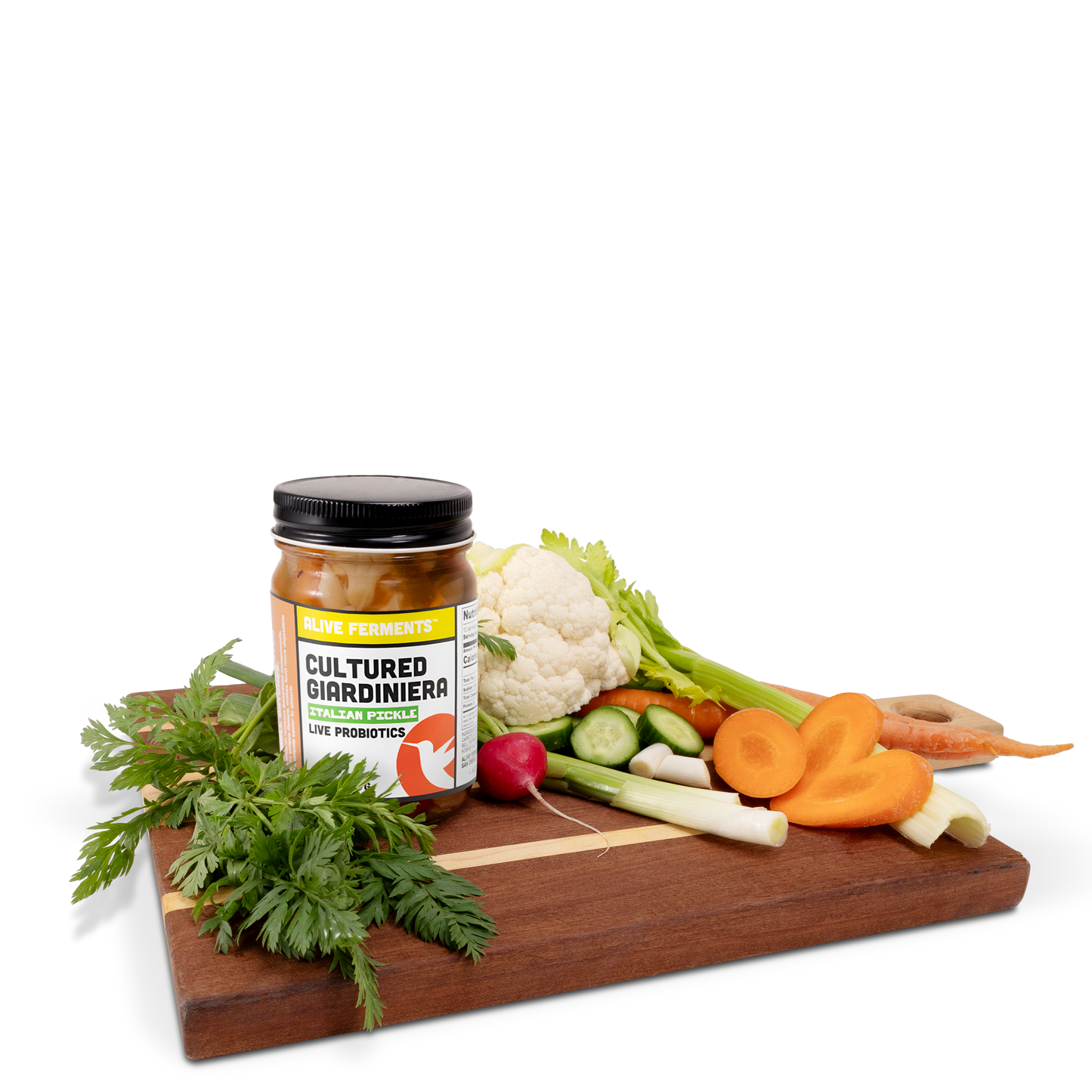 A jar of Giardiniera, a traditional Italian Pickle, on a wooden cutting board, surrounded by its ingredients: a colorful medley of fresh vegetables.
