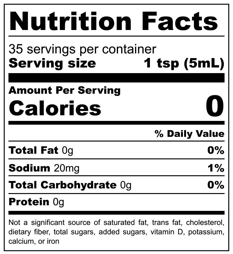 Nutrition facts label with serving size, calories, and nutritional content per serving.