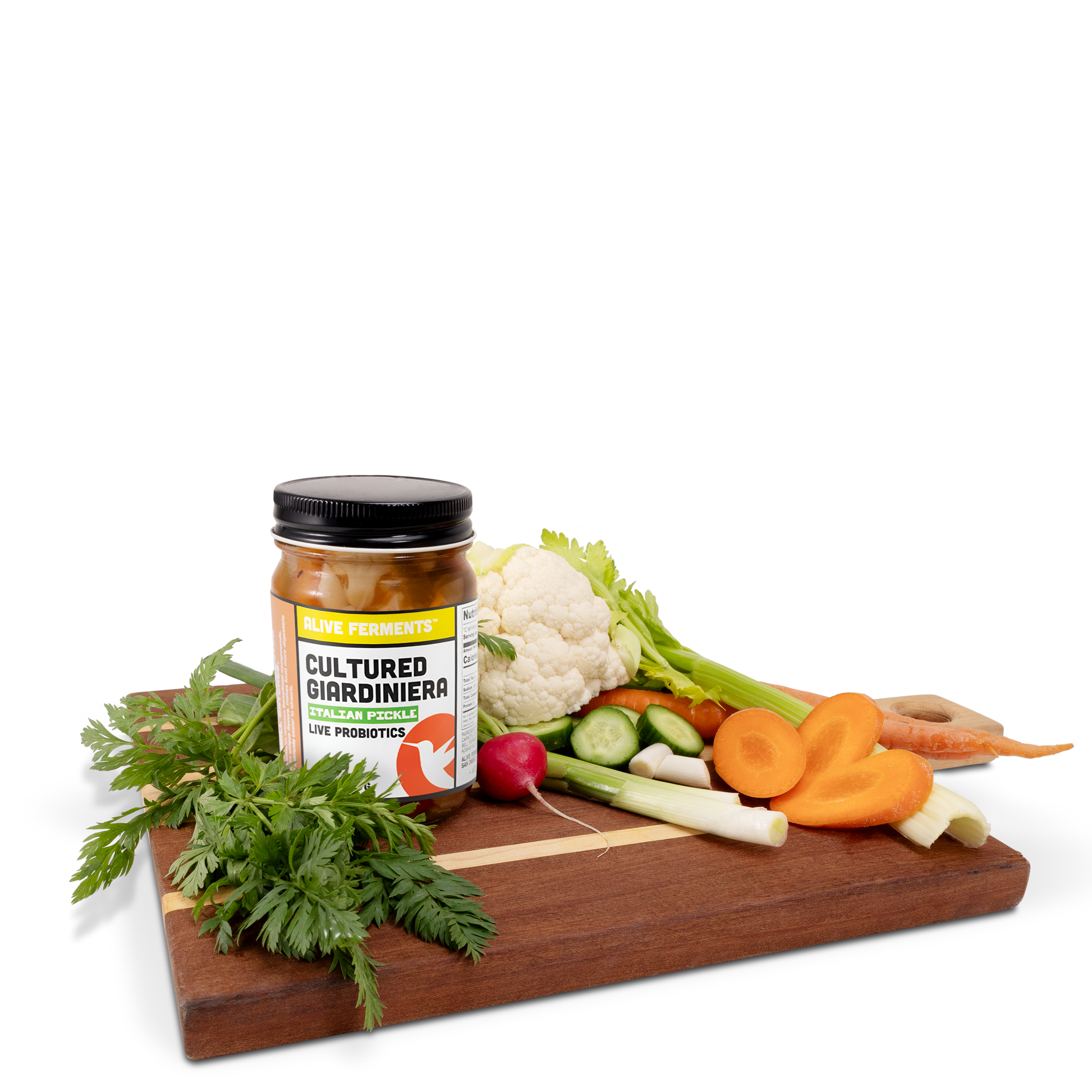 A jar of Giardiniera, a traditional Italian Pickle, on a wooden cutting board, surrounded by its ingredients: a colorful medley of fresh vegetables. 